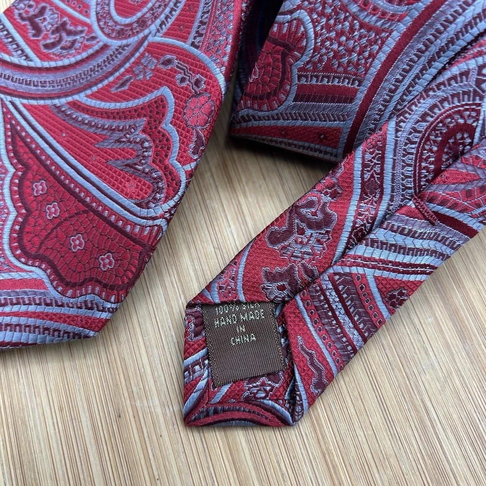 Tasso Elba Men's 100% Silk Tie ~ Red ~Blue Metallic Paisley Pattern Hand Made!